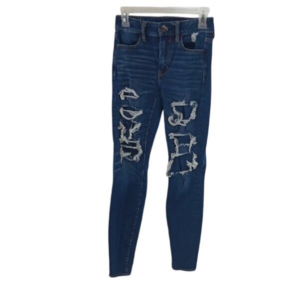 American Eagle Jeans Blue Denim High Rise Jegging Distressed Womens Size 2 - Picture 1 of 9